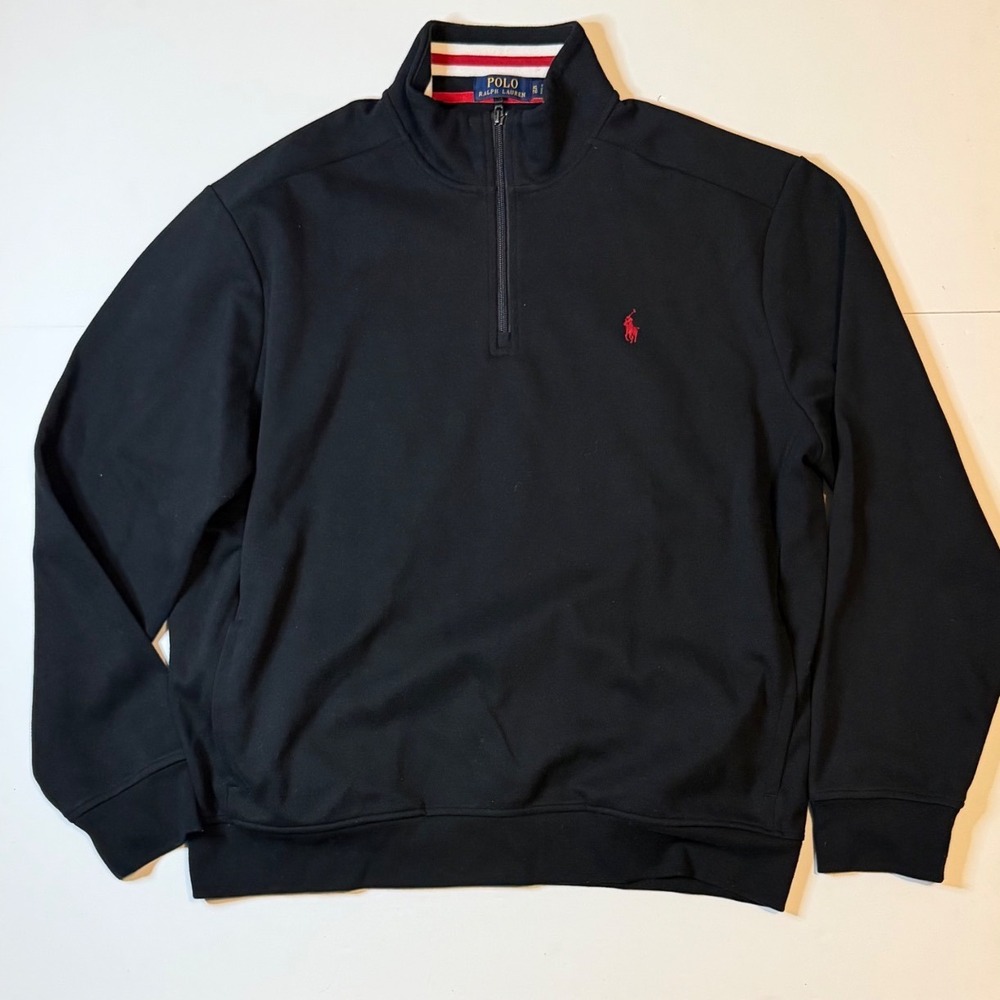 Polo Ralph Lauren Quarter Zip Pullover Mens XL Black Cotton Pique Mock Neck